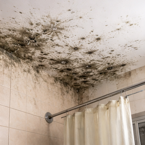 Tamsios dėmės ant sienų ir lubų, reikalaujančios pelėsio naikinimo.