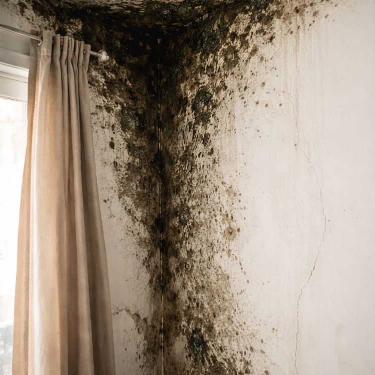 Tamsios dėmės ant sienų ir lubų, reikalaujančios juodojo pelėsio naikinimo.